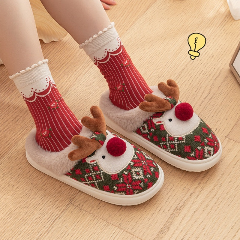 Cute Christmas Elk Plush Slippers- Fuzzy Home Shoes