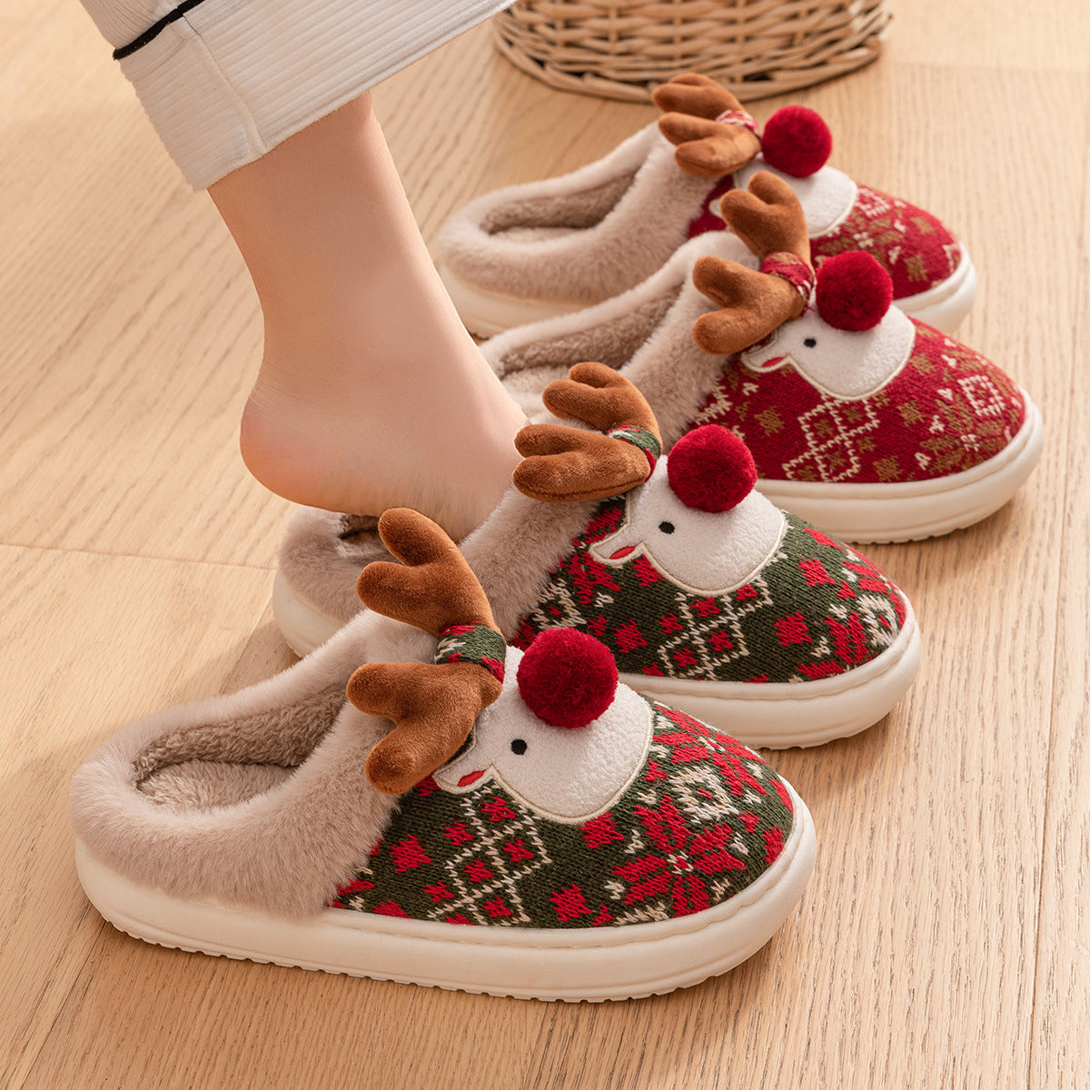 Cute Christmas Elk Plush Slippers- Fuzzy Home Shoes
