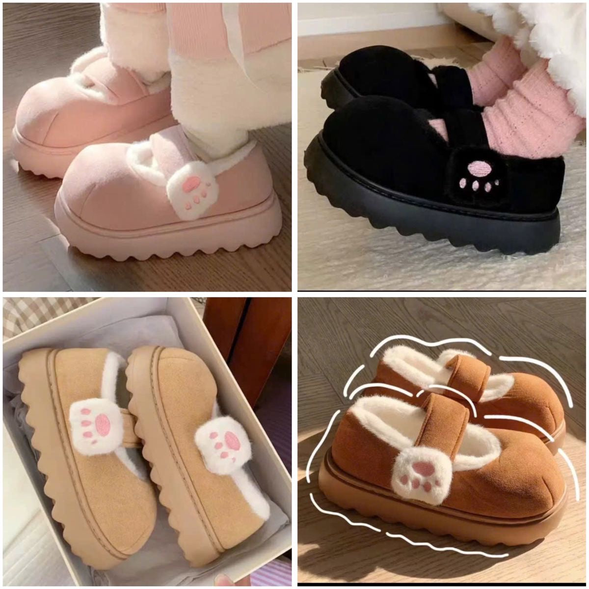Women's Cotton-padded Shoes Cute Cartoon Cat's Paw Velcro Plush Shoes