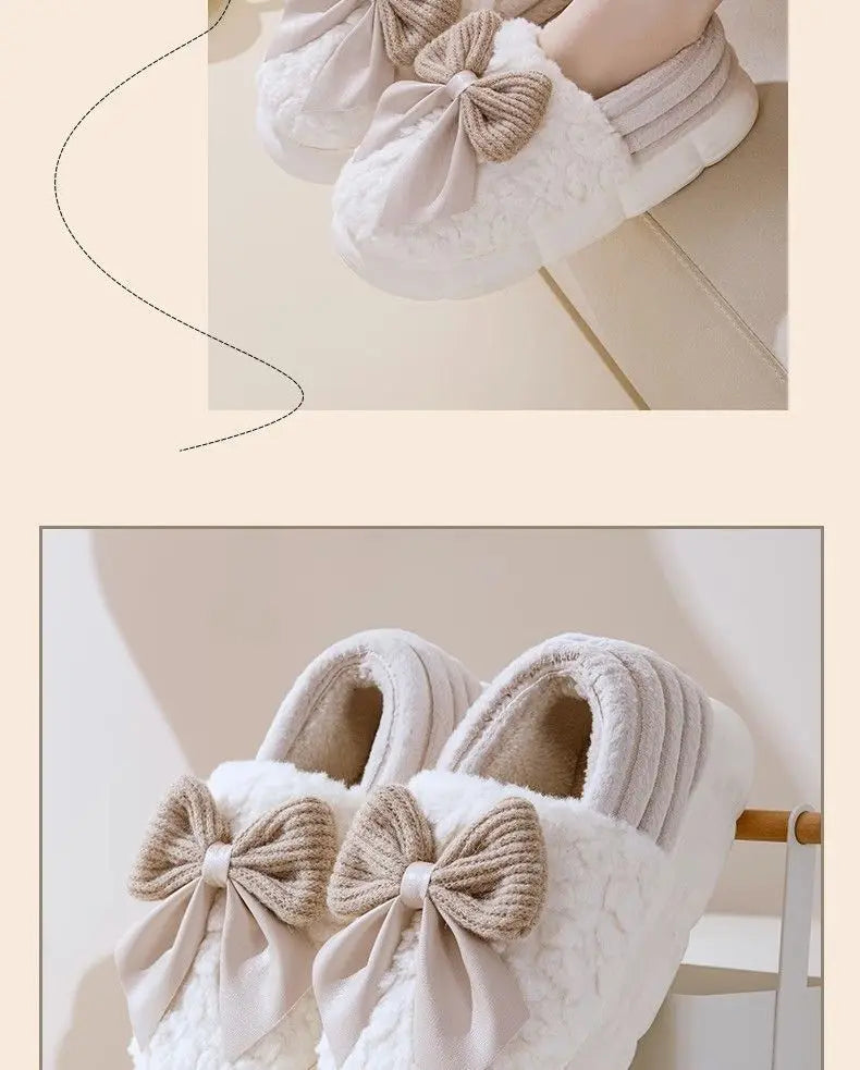 Thick Soled Bow Plush Slippers
