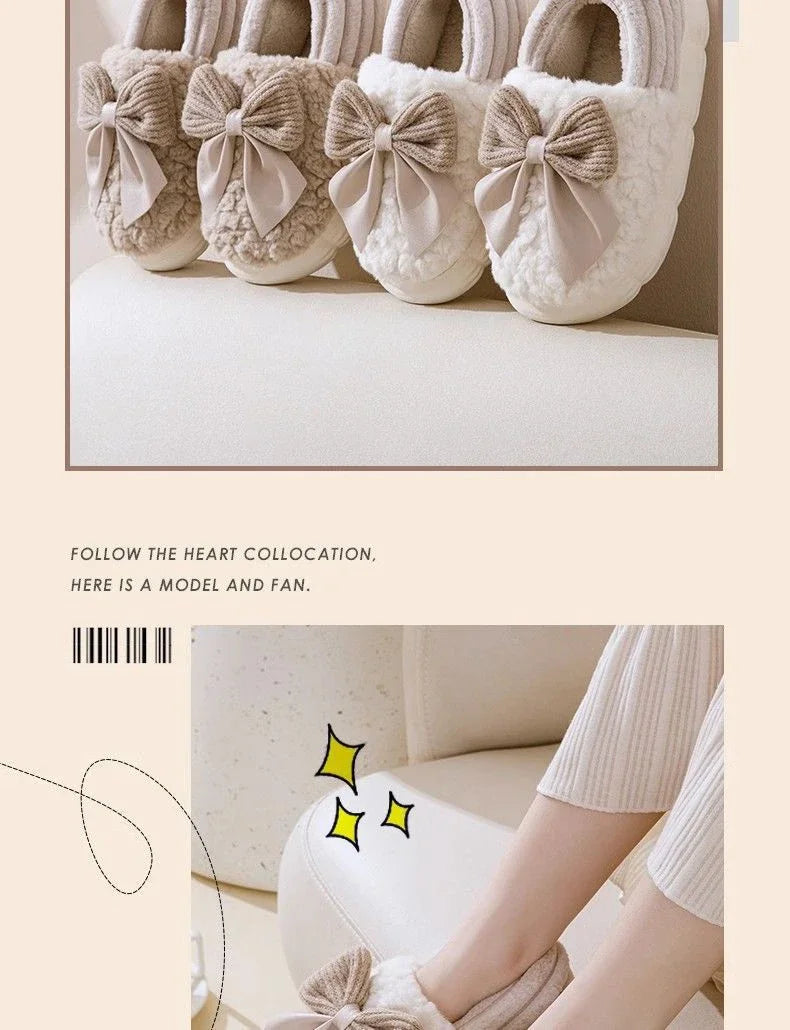 Thick Soled Bow Plush Slippers