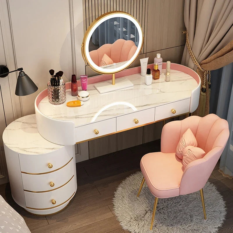Pink Vanity Table Women & Luxury Nail European Big Stool