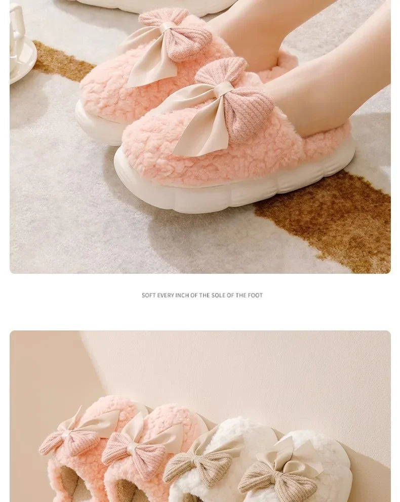 Thick Soled Bow Plush Slippers
