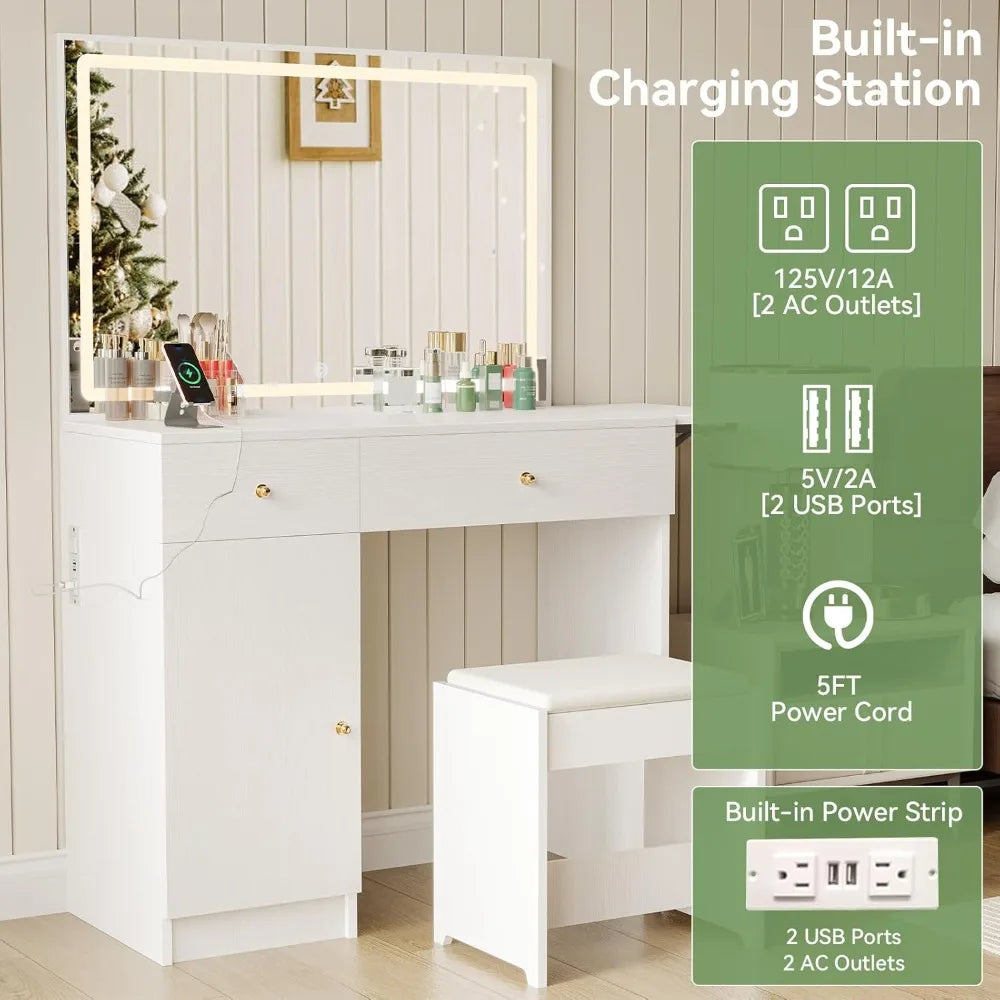 Vanity Desk Set with Large LED Lighted Mirror, Drawers & Cabinet