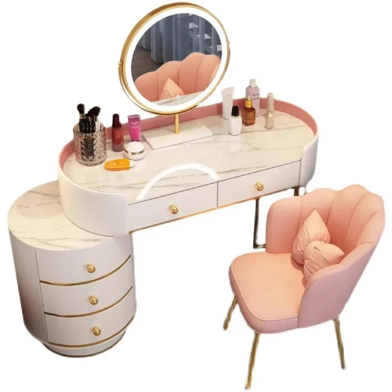 Pink Vanity Table Women & Luxury Nail European Big Stool