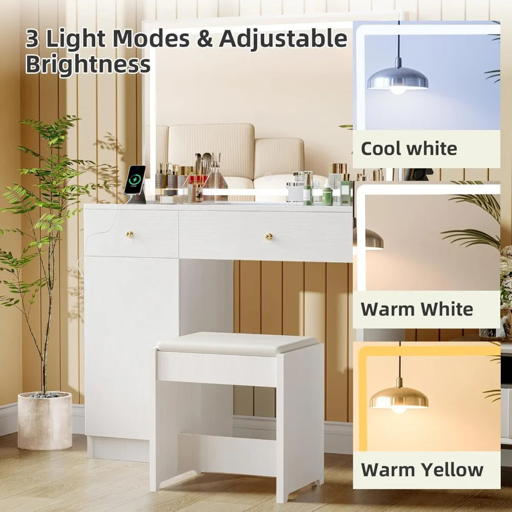 Vanity Desk Set with Large LED Lighted Mirror, Drawers & Cabinet