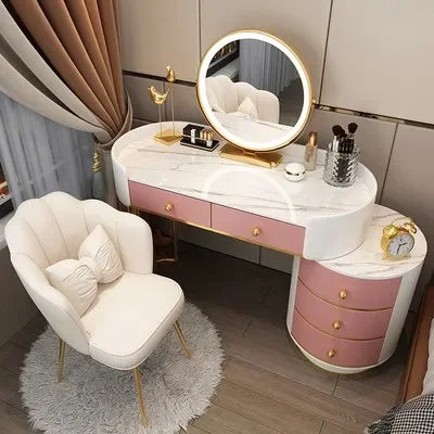 Pink Vanity Table Women & Luxury Nail European Big Stool