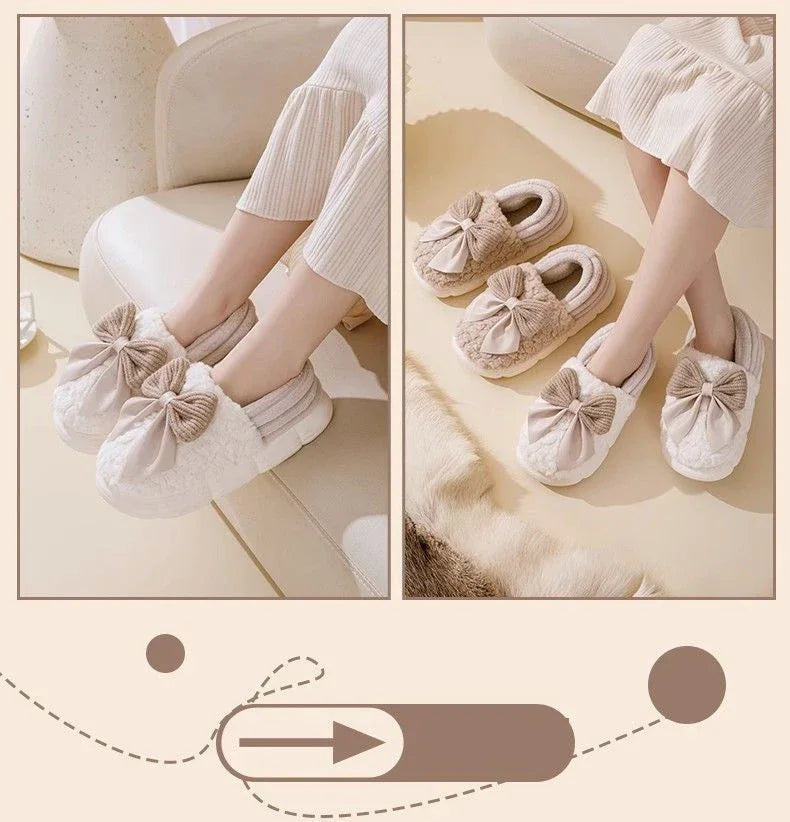 Thick Soled Bow Plush Slippers