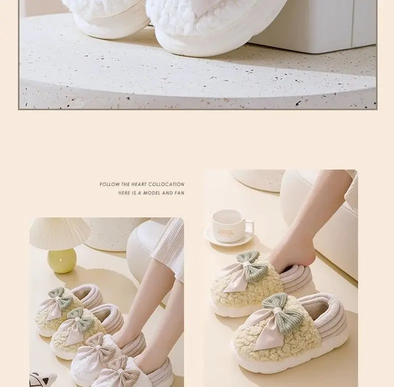 Thick Soled Bow Plush Slippers