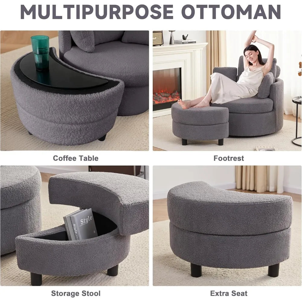 Oversized Swivel Round Chair with Storage, Chaise Lounge with Removable Pillows