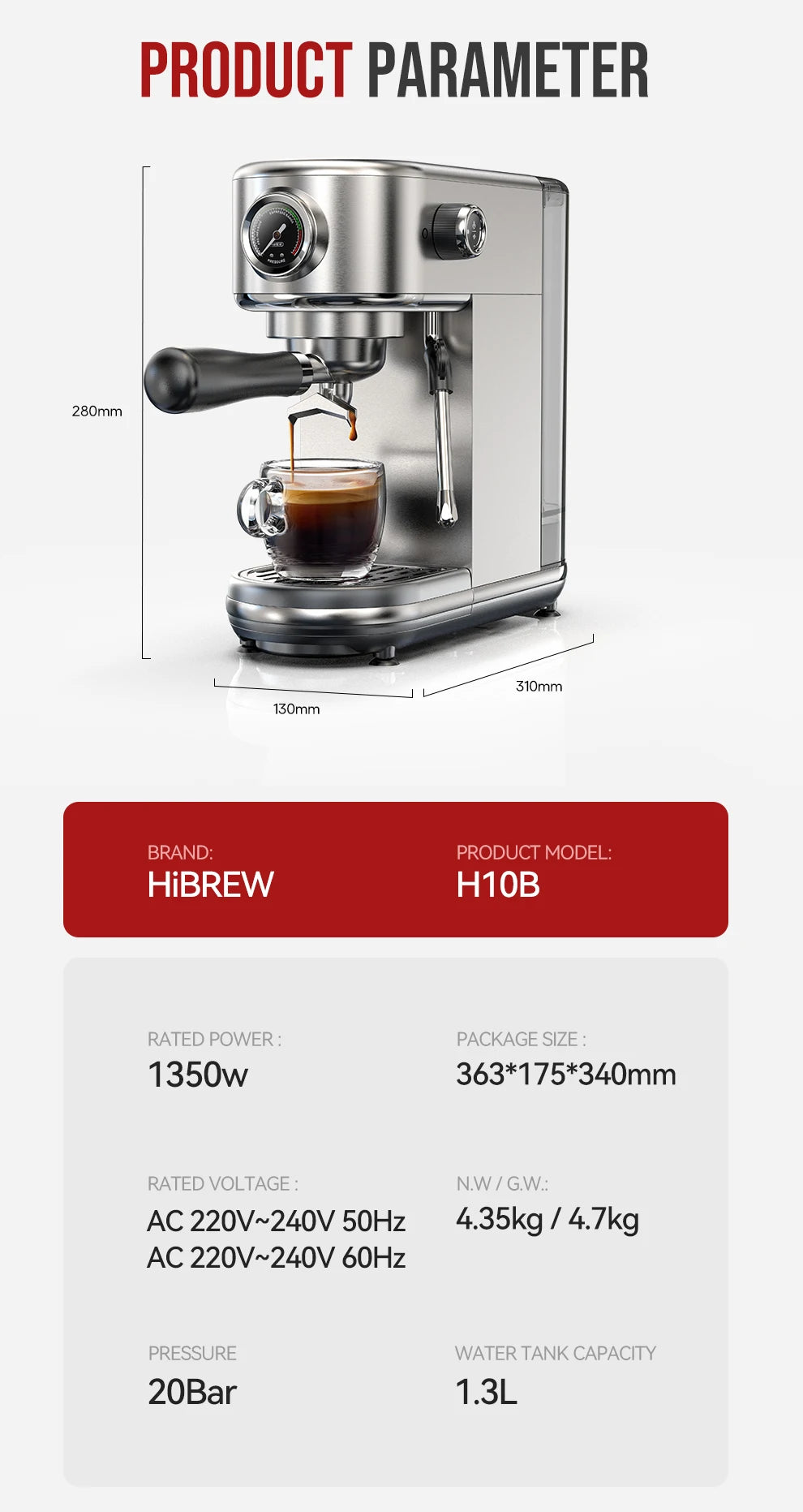 HiBREW 20Bar Semi-Automatic Espresso Machine