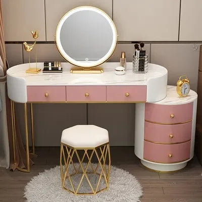 Pink Vanity Table Women & Luxury Nail European Big Stool