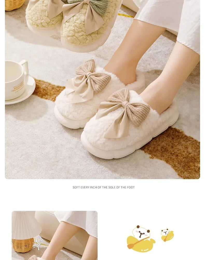 Thick Soled Bow Plush Slippers