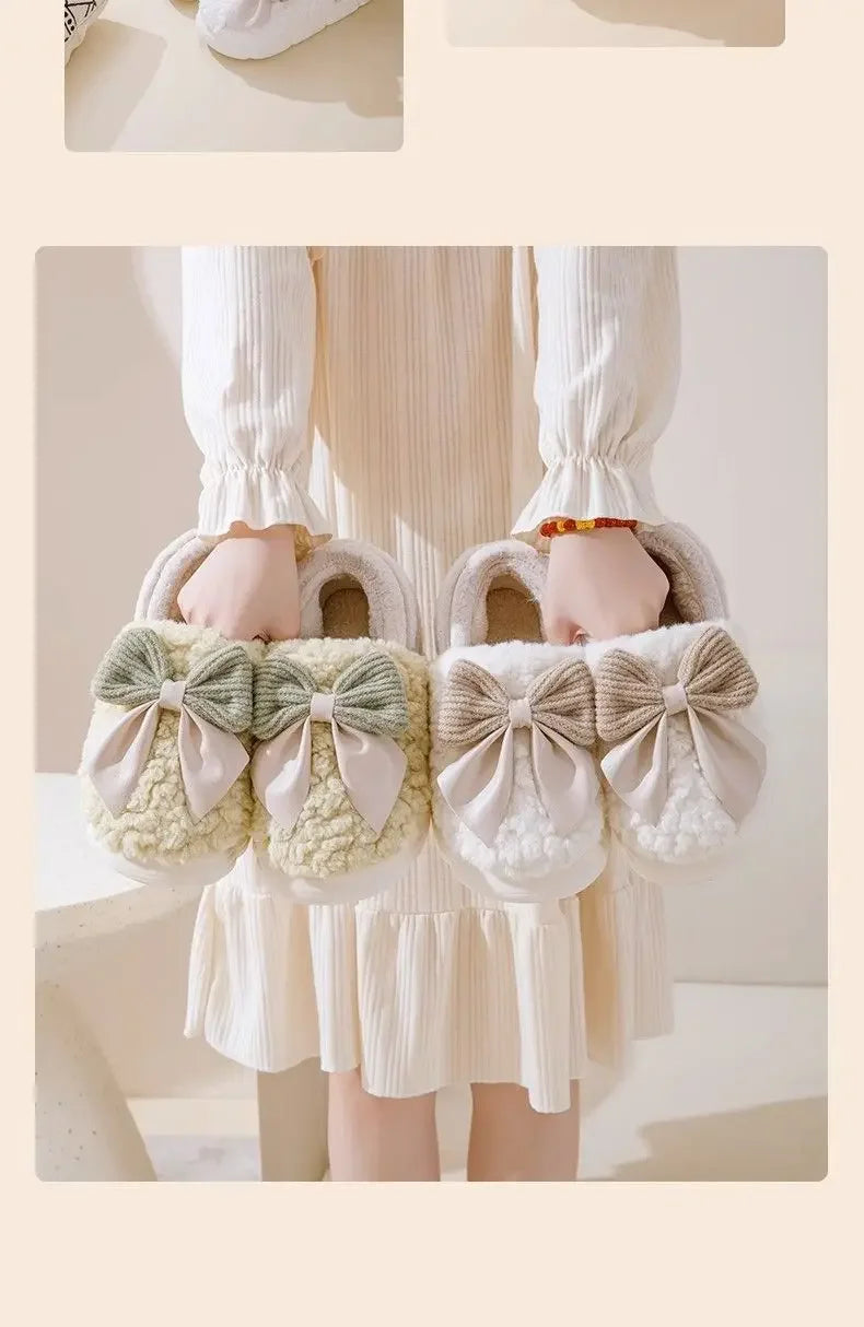 Thick Soled Bow Plush Slippers