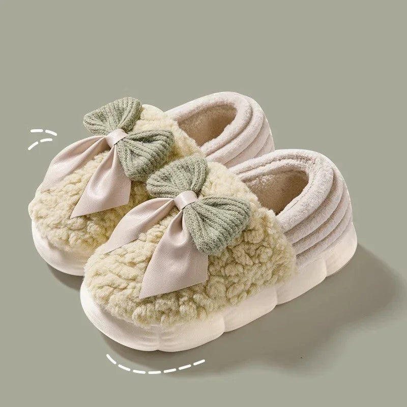 Thick Soled Bow Plush Slippers