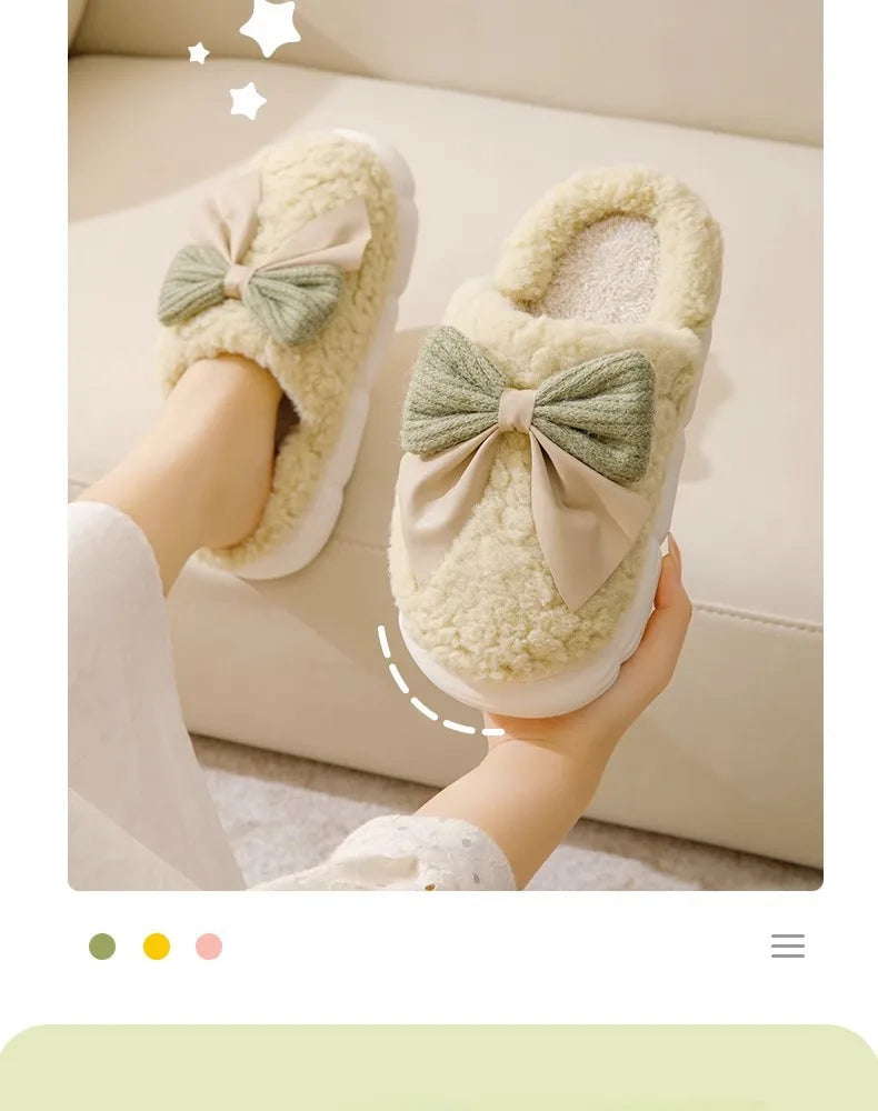 Thick Soled Bow Plush Slippers