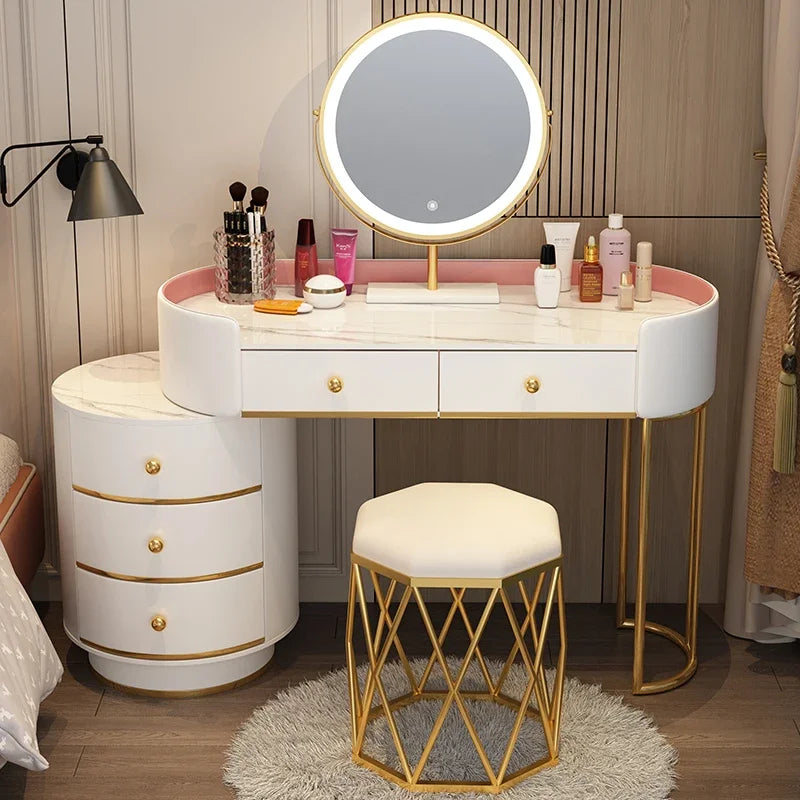 Pink Vanity Table Women & Luxury Nail European Big Stool