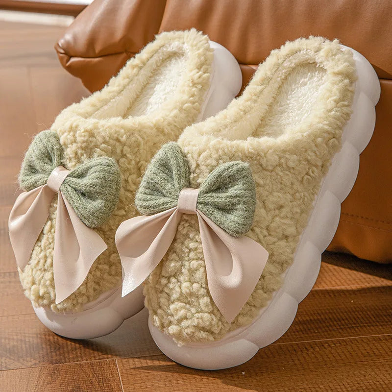 Thick Soled Bow Plush Slippers
