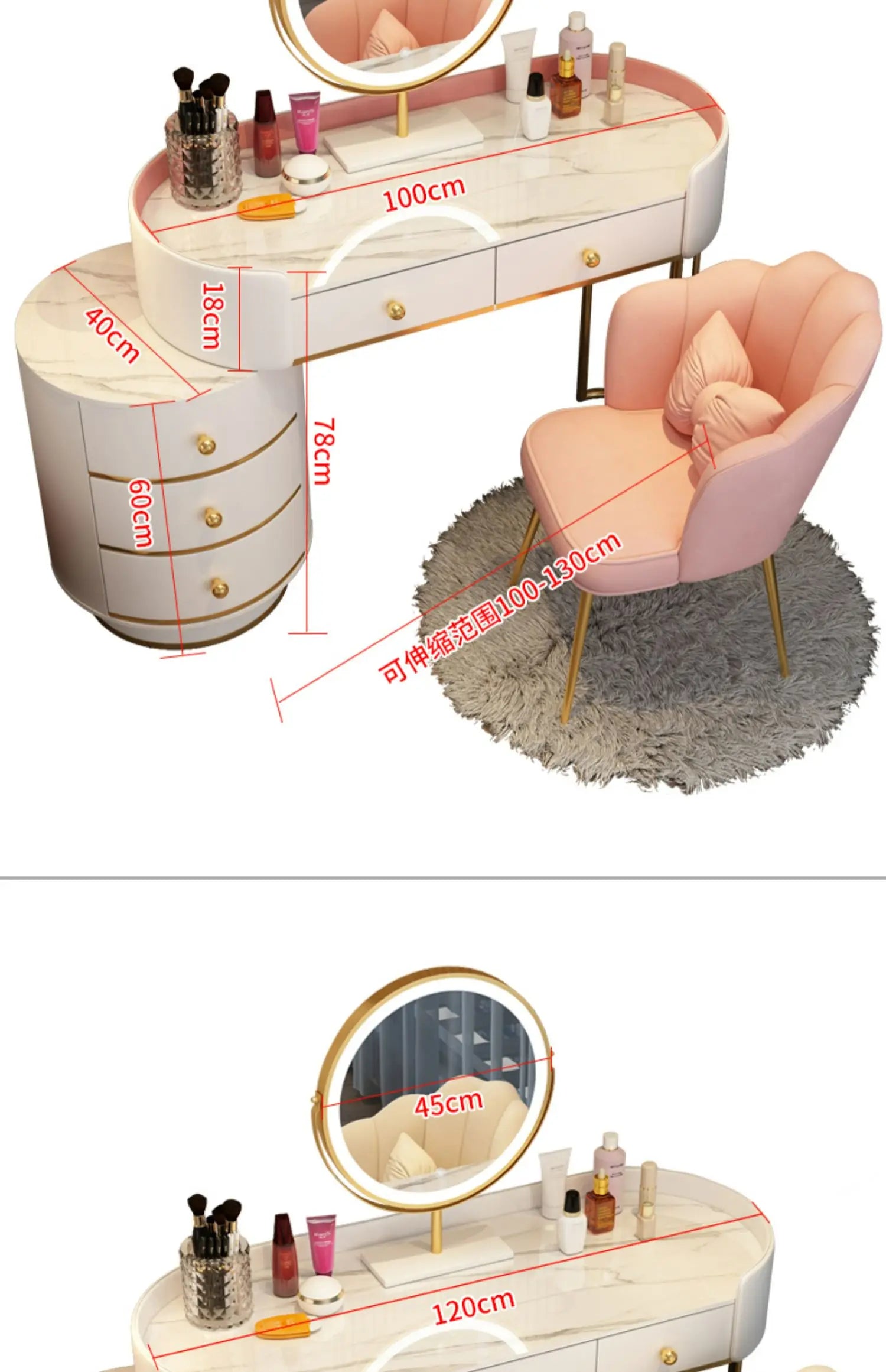Pink Vanity Table Women & Luxury Nail European Big Stool