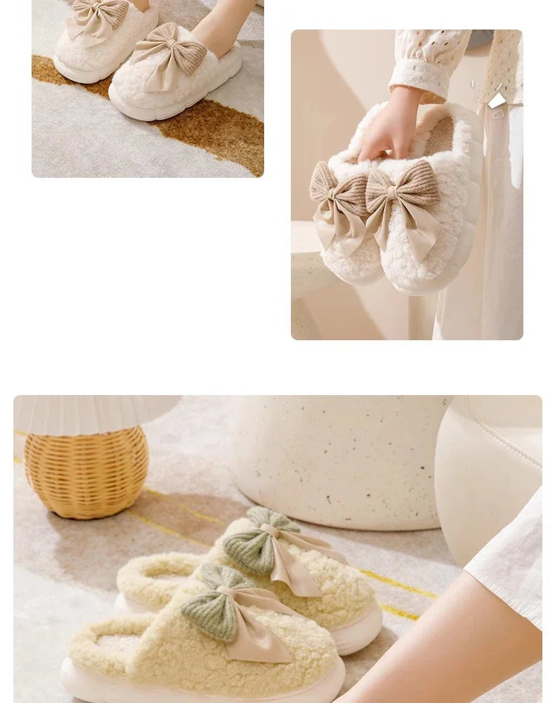 Thick Soled Bow Plush Slippers
