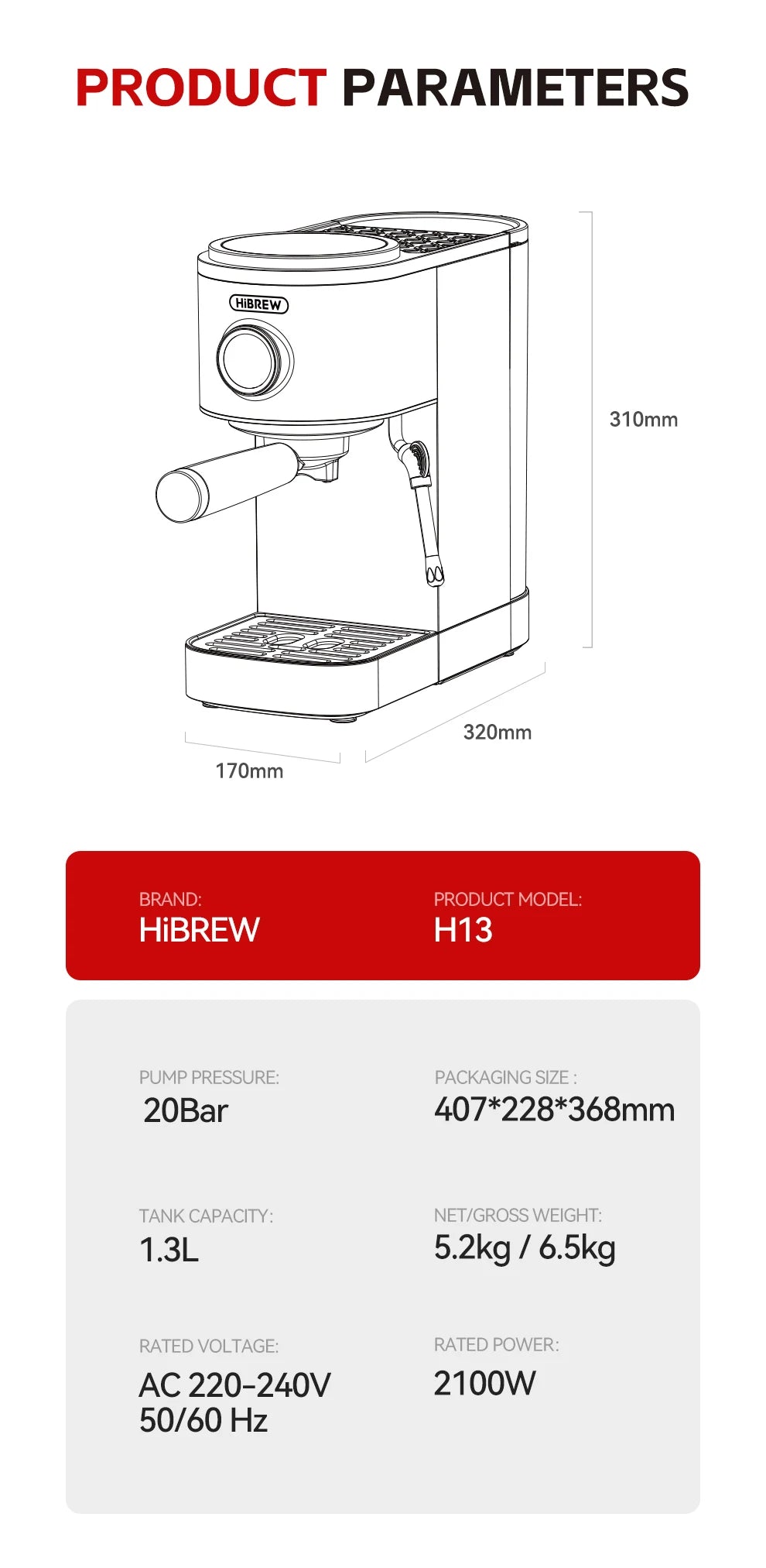 HiBREW H13 20bar Semi-automatic Espresso Machine