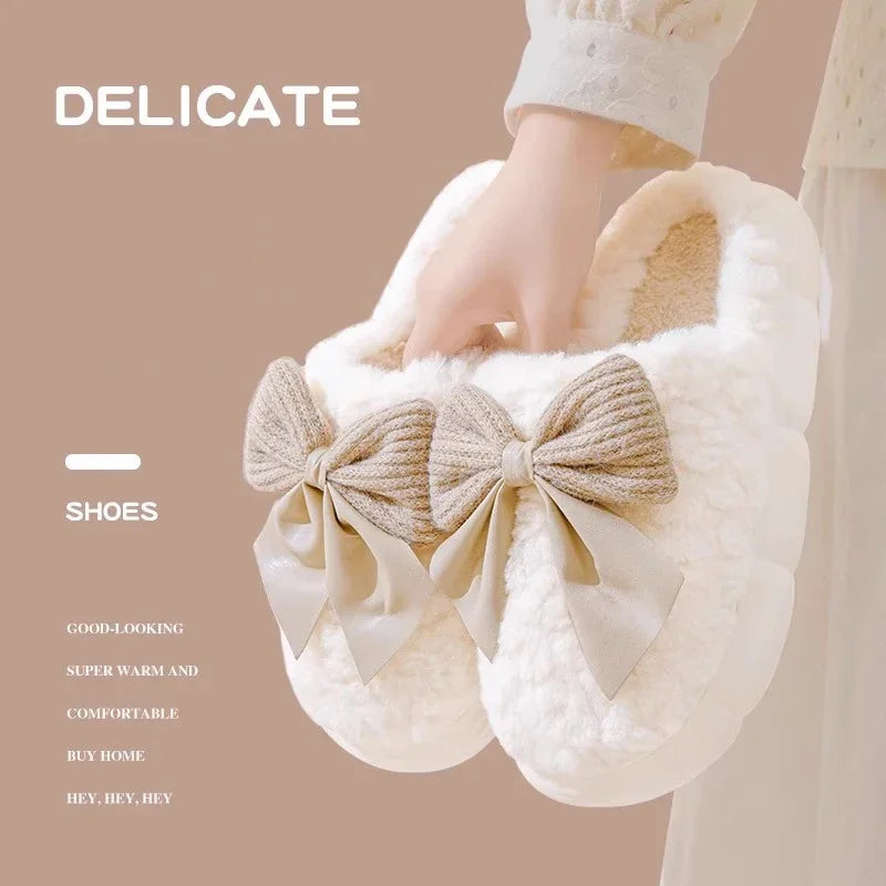 Thick Soled Bow Plush Slippers