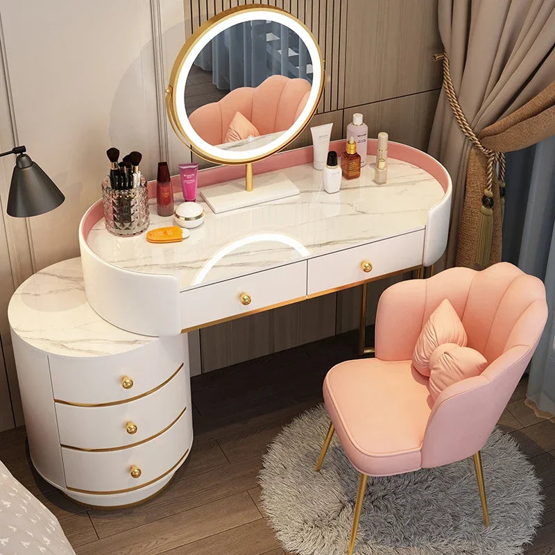 Pink Vanity Table Women & Luxury Nail European Big Stool