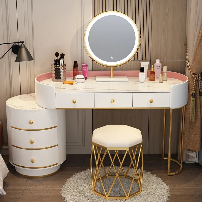 Pink Vanity Table Women & Luxury Nail European Big Stool