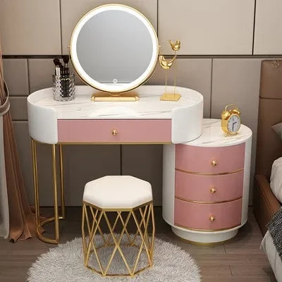 Pink Vanity Table Women & Luxury Nail European Big Stool