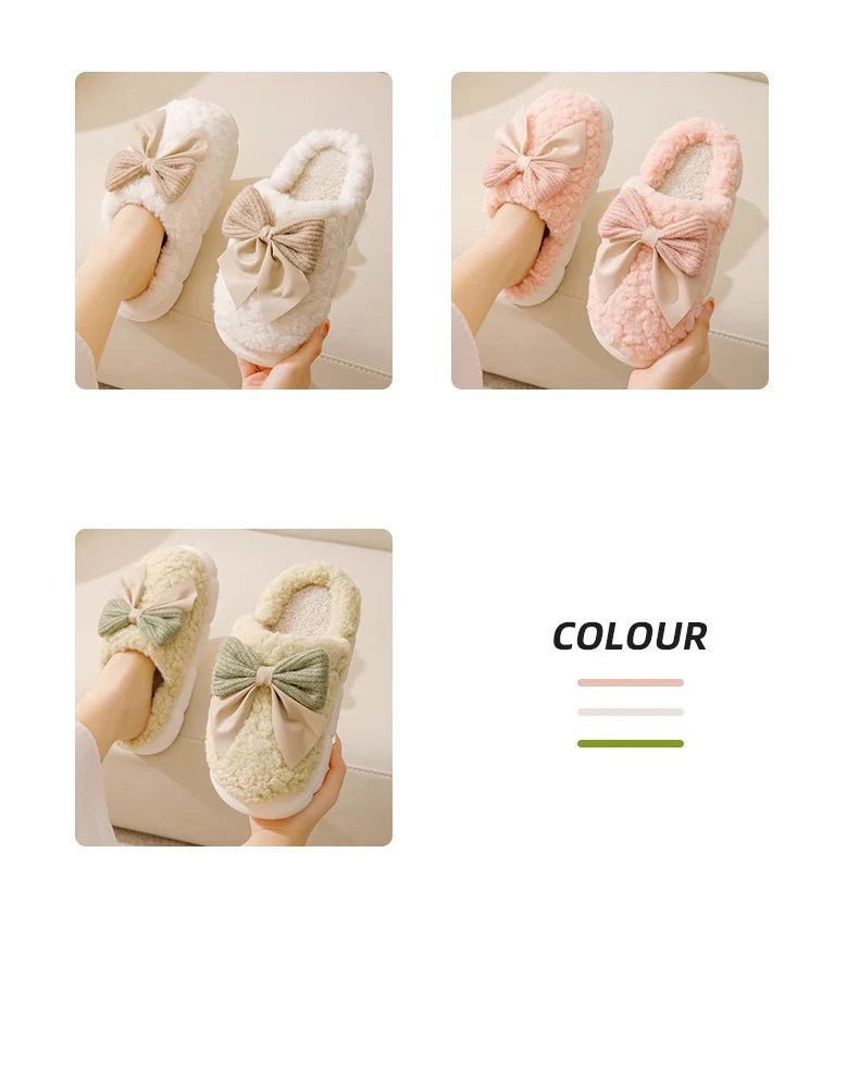 Thick Soled Bow Plush Slippers