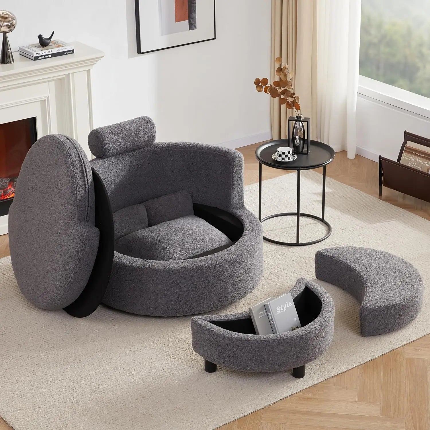 Oversized Swivel Round Chair with Storage, Chaise Lounge with Removable Pillows