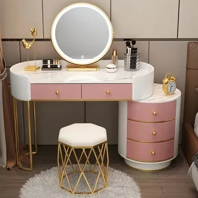 Pink Vanity Table Women & Luxury Nail European Big Stool