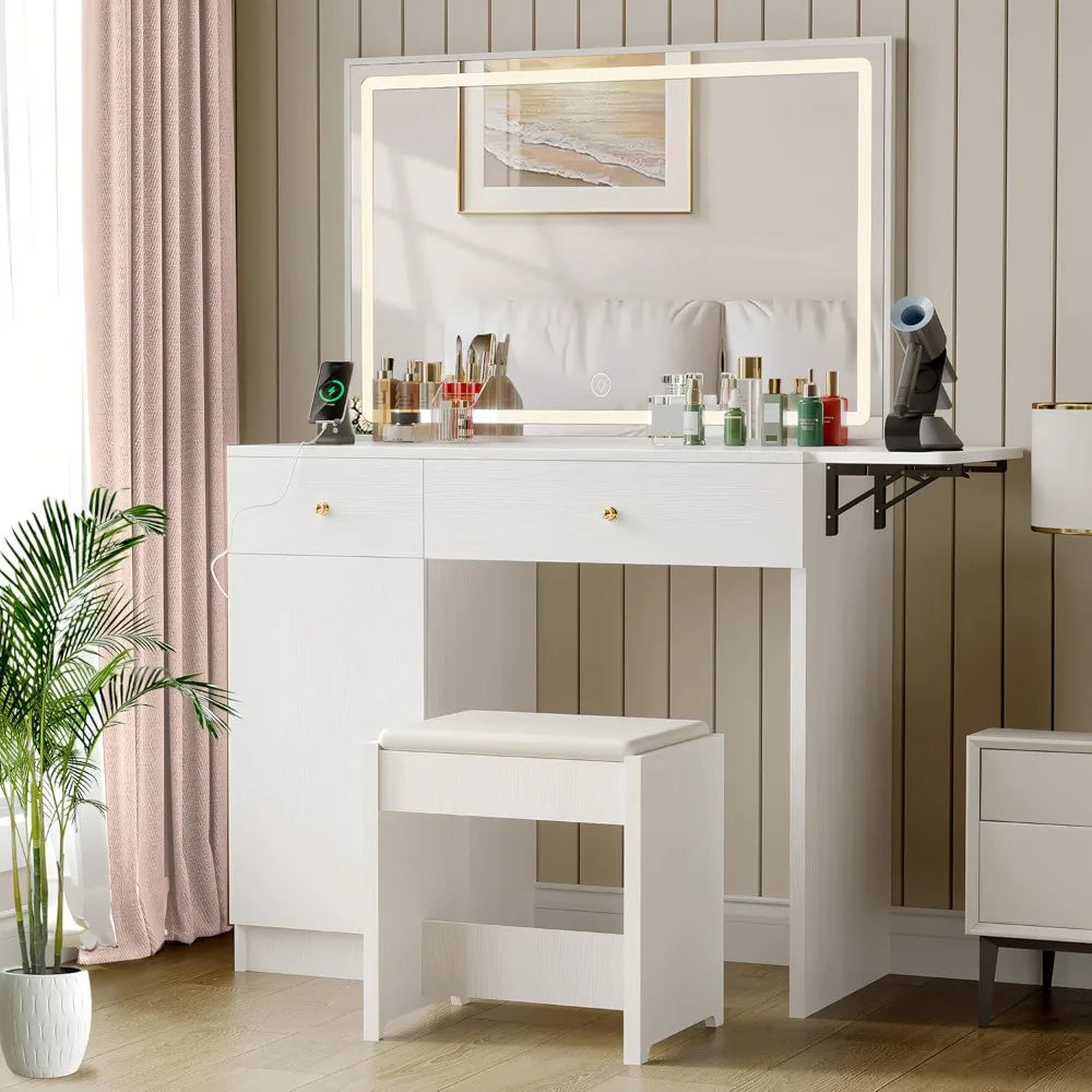 Vanity Desk Set with Large LED Lighted Mirror, Drawers & Cabinet