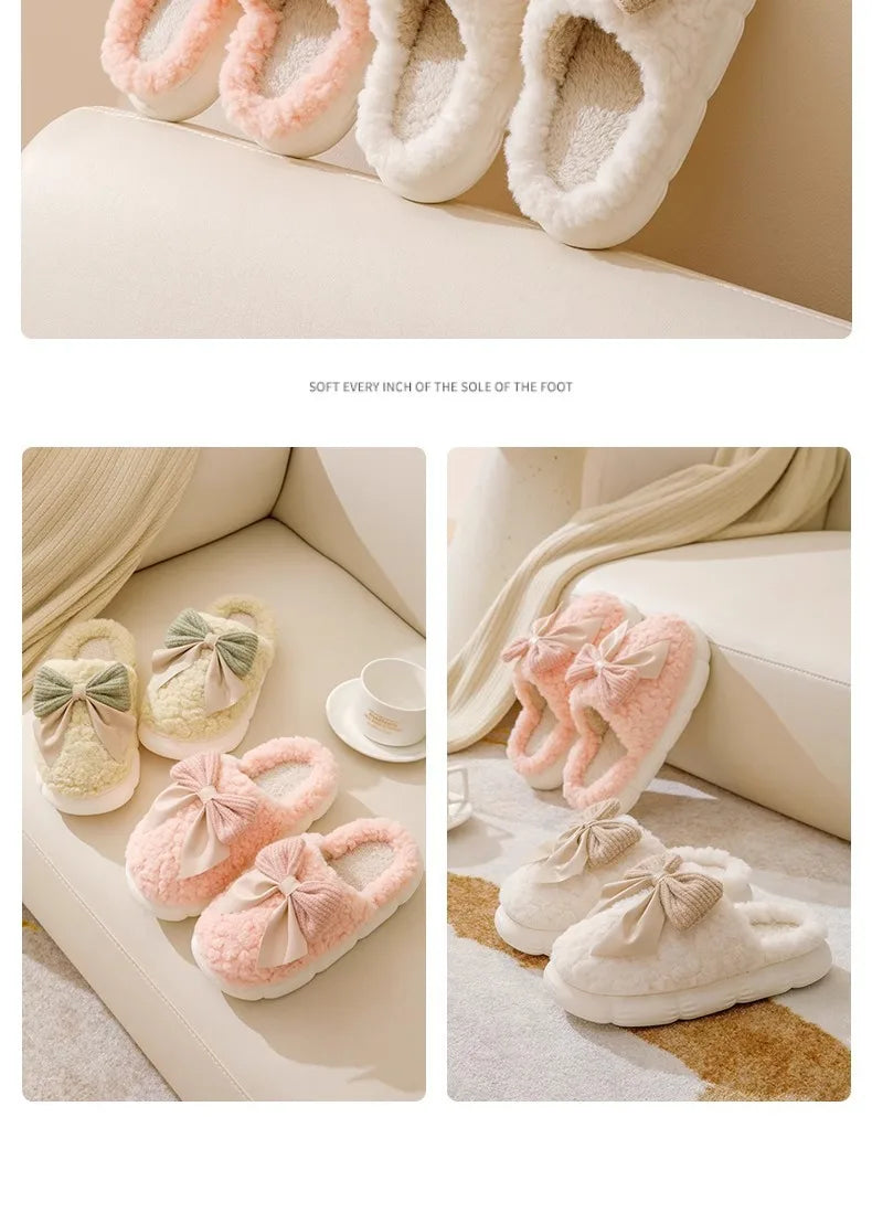 Thick Soled Bow Plush Slippers
