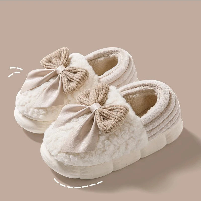 Thick Soled Bow Plush Slippers