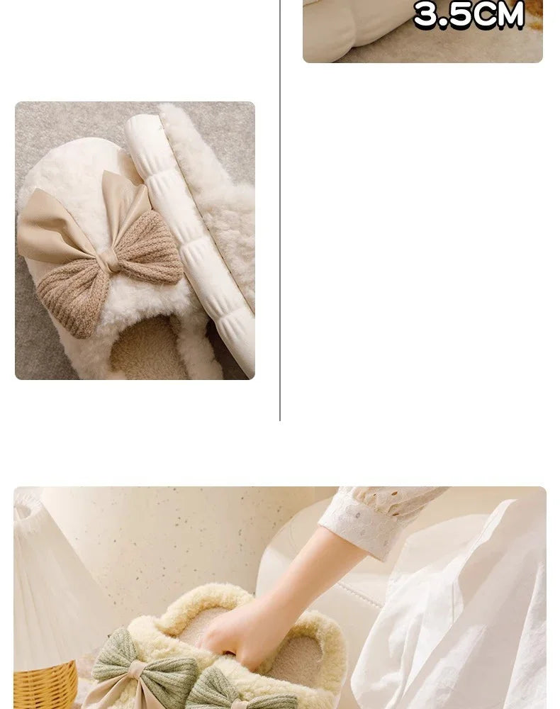 Thick Soled Bow Plush Slippers