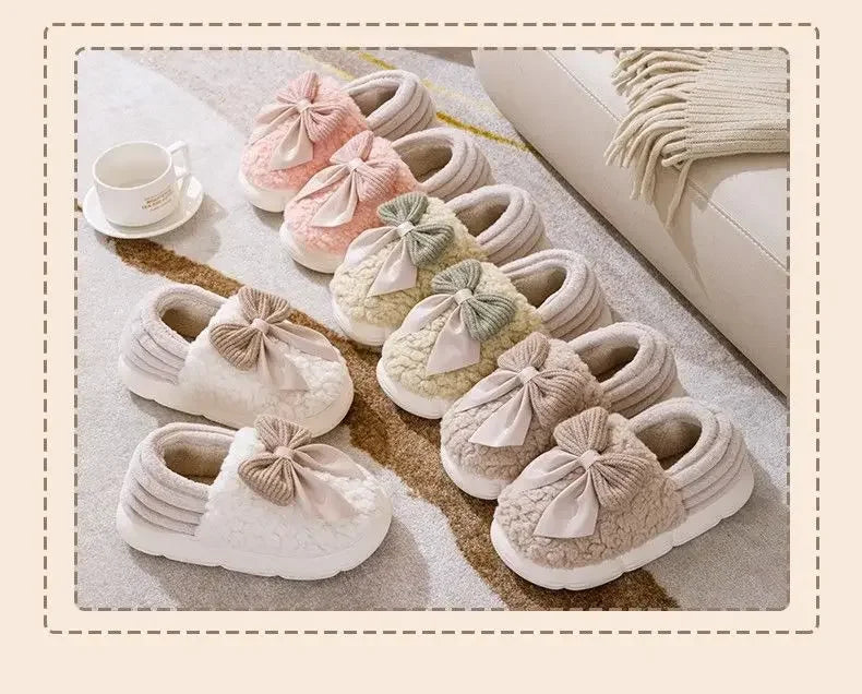 Thick Soled Bow Plush Slippers