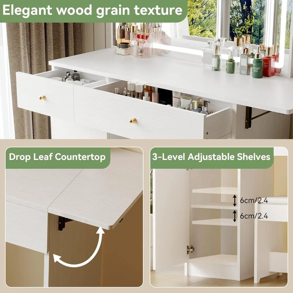 Vanity Desk Set with Large LED Lighted Mirror, Drawers & Cabinet