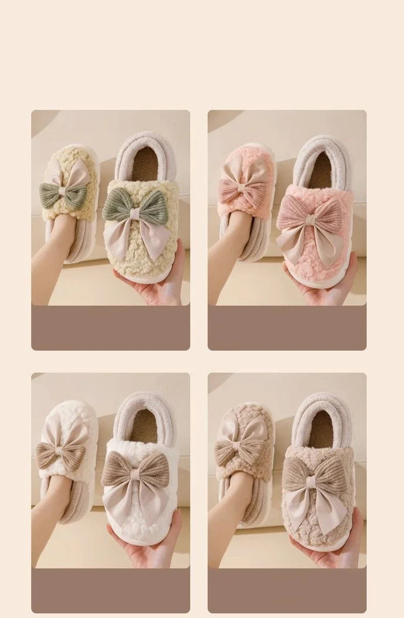 Thick Soled Bow Plush Slippers