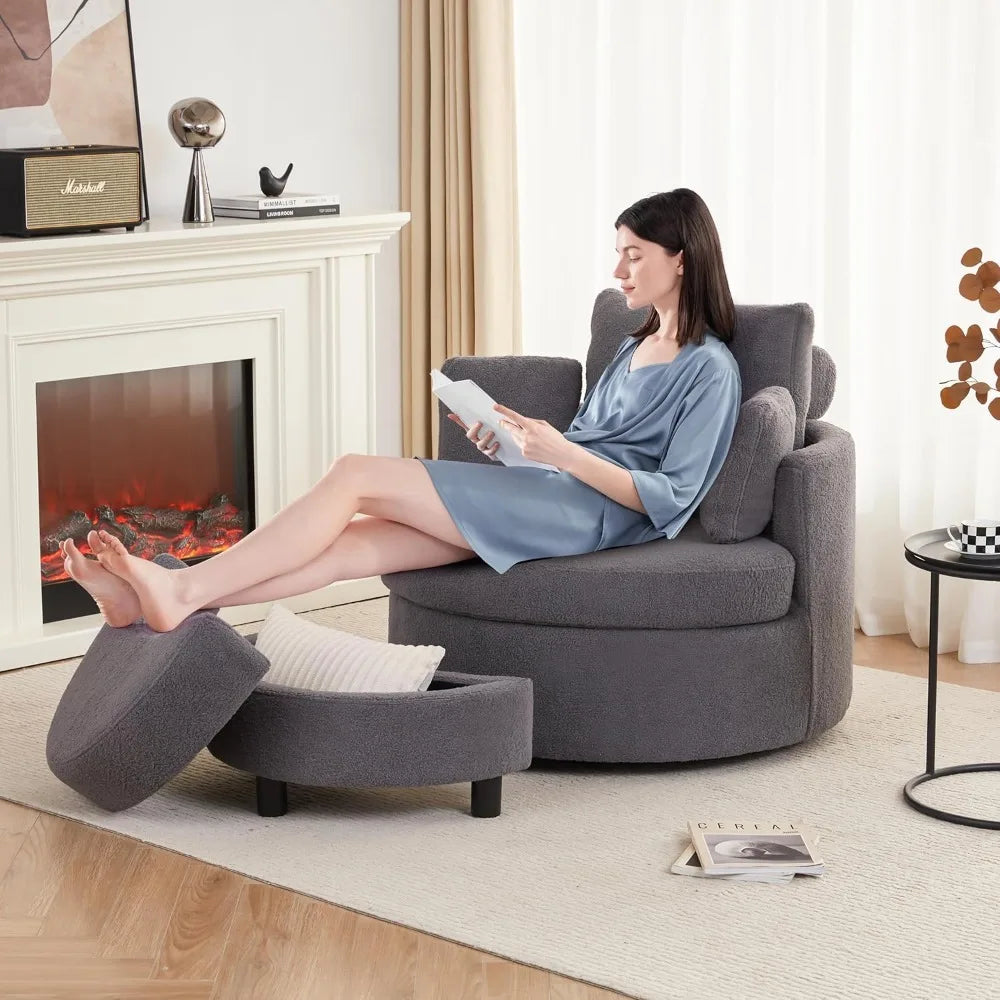 Oversized Swivel Round Chair with Storage, Chaise Lounge with Removable Pillows