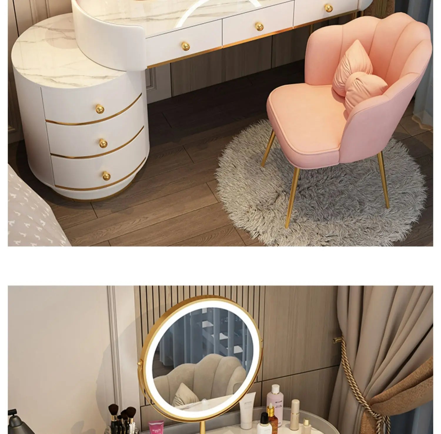Pink Vanity Table Women & Luxury Nail European Big Stool