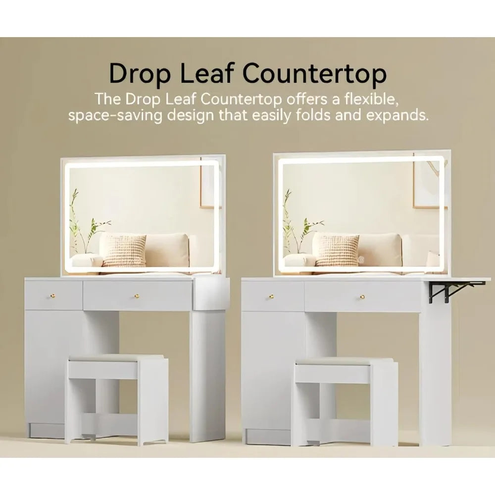 Vanity Desk Set with Large LED Lighted Mirror, Drawers & Cabinet