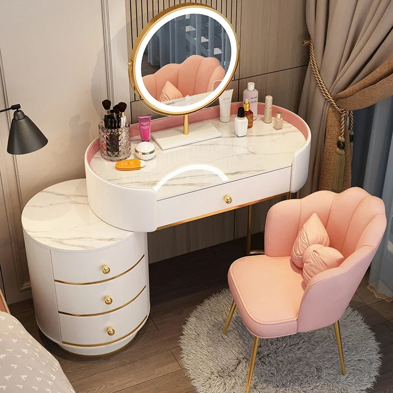 Pink Vanity Table Women & Luxury Nail European Big Stool