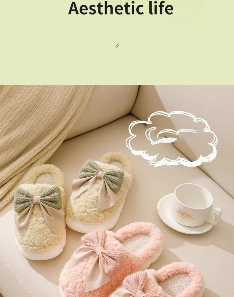Thick Soled Bow Plush Slippers