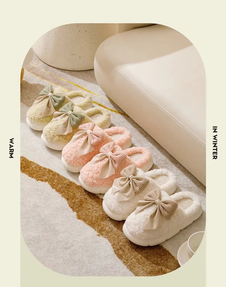 Thick Soled Bow Plush Slippers