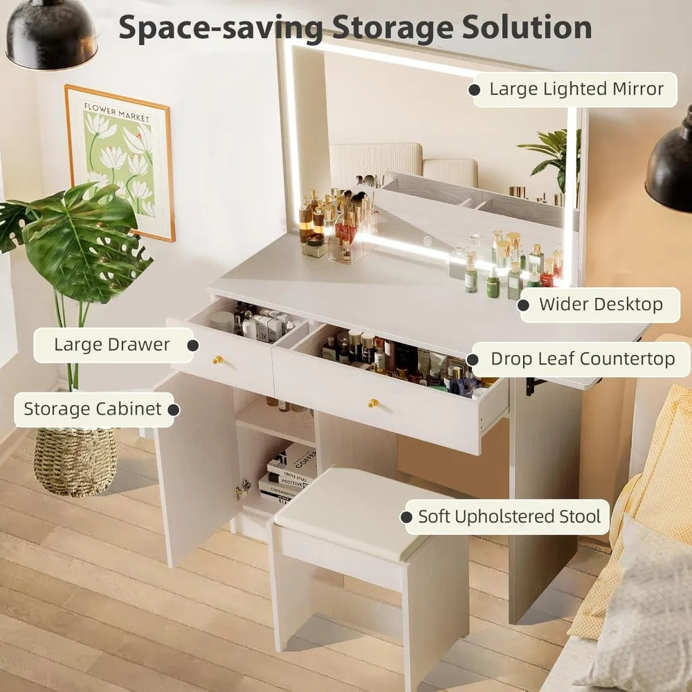 Vanity Desk Set with Large LED Lighted Mirror, Drawers & Cabinet