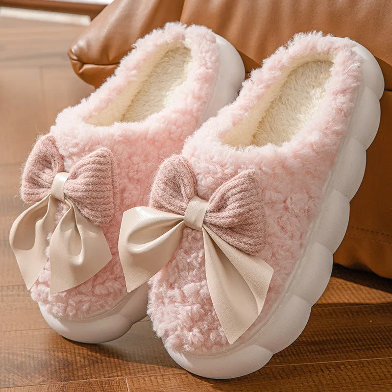 Thick Soled Bow Plush Slippers