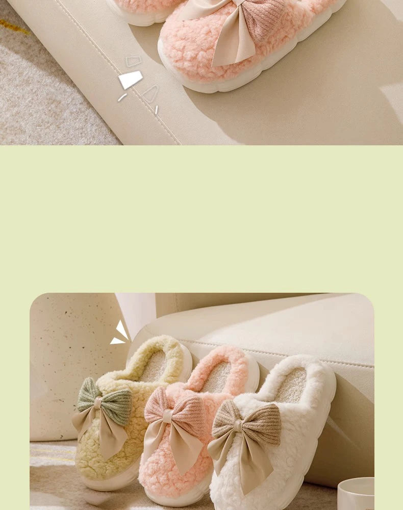 Thick Soled Bow Plush Slippers