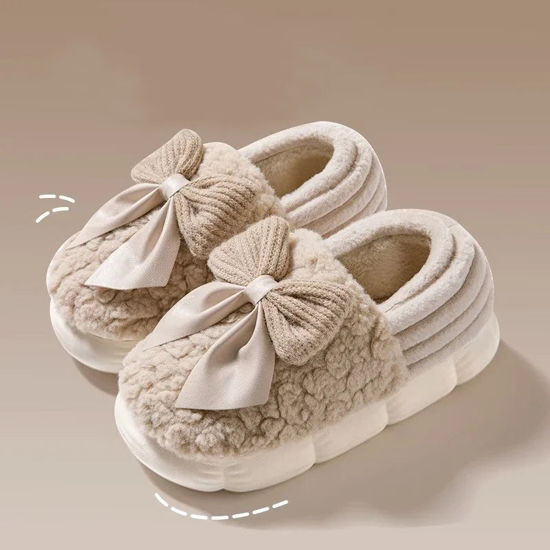 Thick Soled Bow Plush Slippers