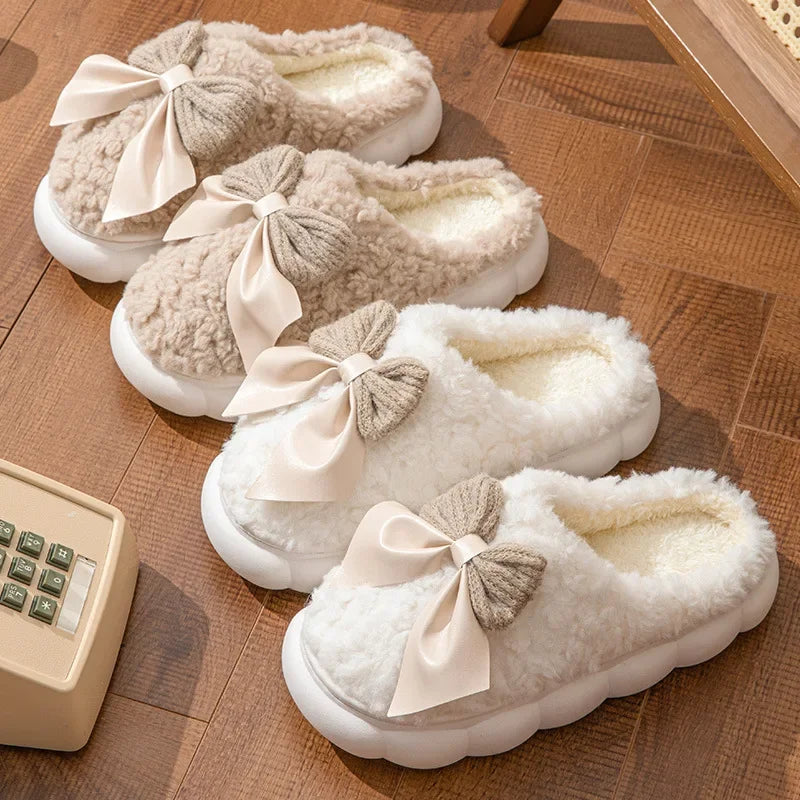 Thick Soled Bow Plush Slippers